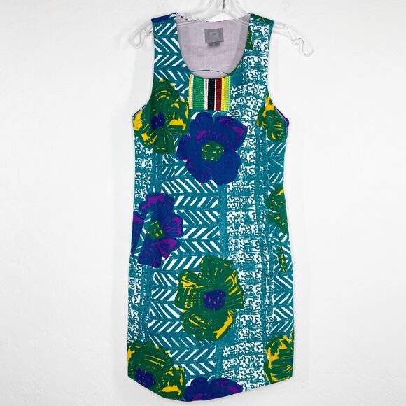 Anthro Vanessa Virginia Hibiscus Sleeveless Shift Sheath Dress Green 2 - Picture 2 of 9